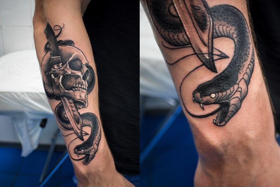Crâne avec un poignard et un serpent - un tatouage de voleurs de marque