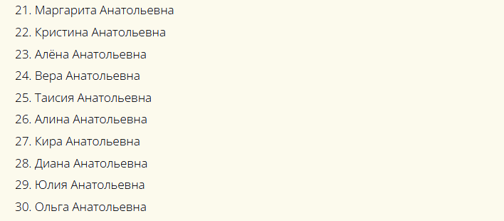 Beaux noms féminins russes consonantes au patronyme anatolyevna
