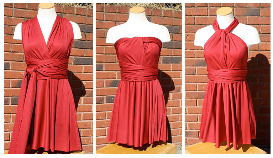 Три варианта завязывания красного платья трансформер короткого