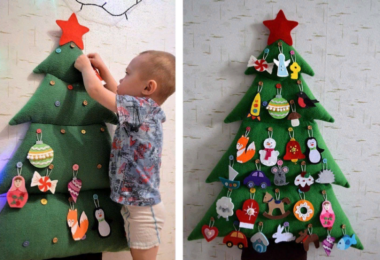 Рождественская елка из фетра с игрушками на стену своими руками