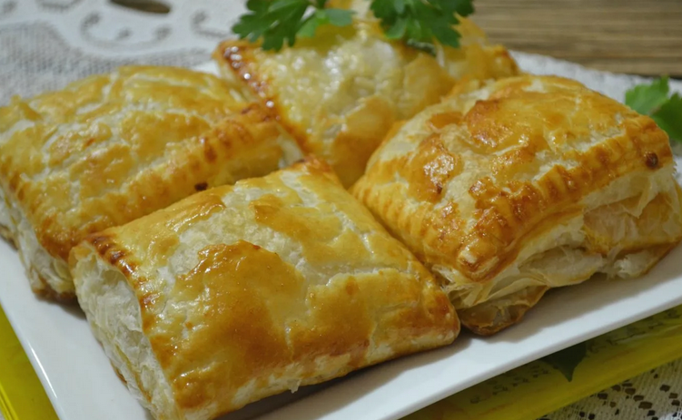 Homemade pies with cabbage from the remains of non -annoyed puff pastry