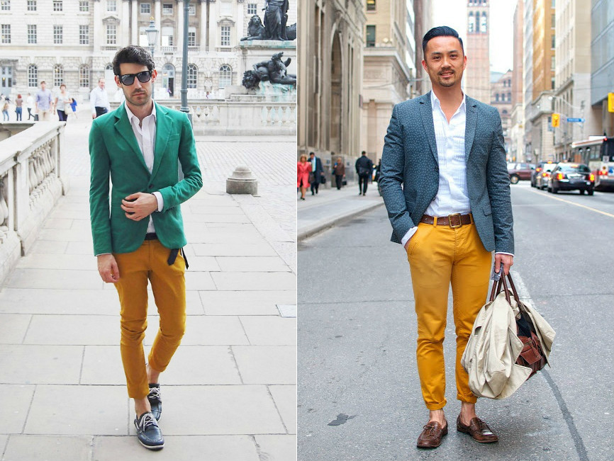 Сочетание горчичного цвета с другими цветами в одежде у мужчин