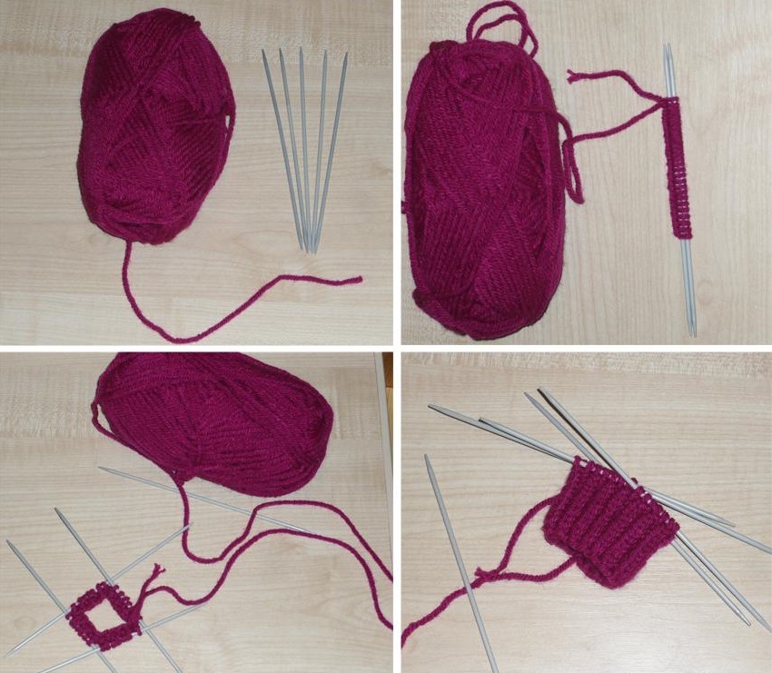 Les mitaines attachées à 4 aiguilles de tricot ressemblent à ceci pendant le processus