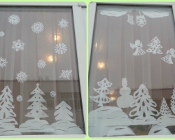 Stensil rumah untuk dekorasi untuk dekorasi untuk tahun baru: unduh untuk pemotongan. Stensil dan gobbler Tahun Baru di jendela - rumah musim dingin di salju, dengan pipa dan asap, pohon Natal, salju, luar biasa, sederhana, pedesaan: templat, stensil, foto