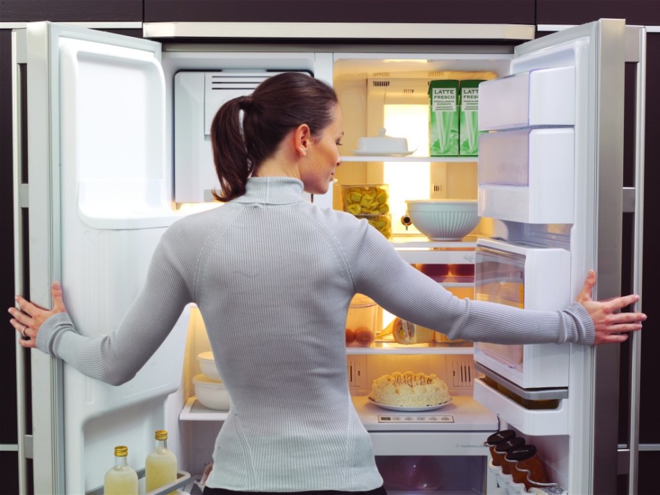 A lány a tárolt hűtőszekrényekben szárított gyümölcsökkel ellenőrzi a konténereket