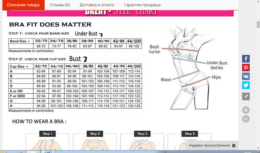 Table for choosing a set of underwear