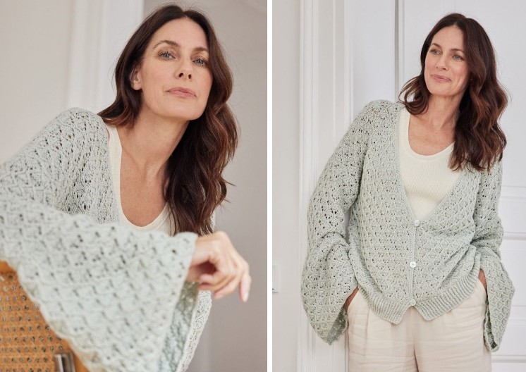 Openwork cardigan with knitting needles for women, with flared sleeves