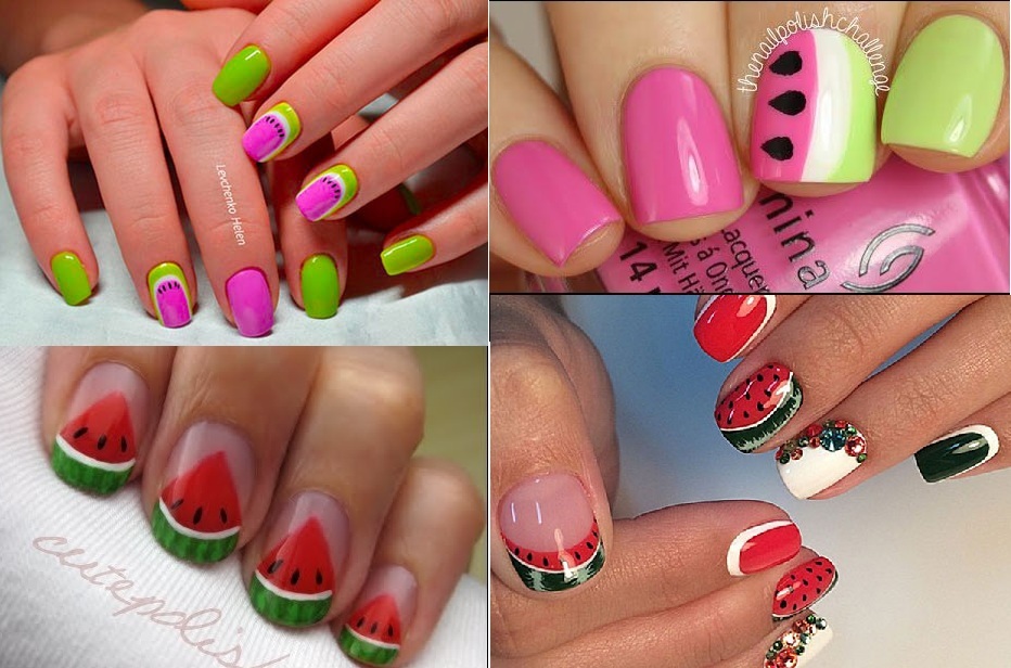Original types of manicure with watermelon