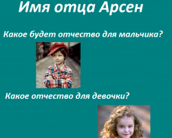 Каква патронимика на детето ще бъде от името на Арсен? Как мъжката и женската патрони на момчето и момичетата от името на отец Арсен звучат правилно и написано? Как да изберете име за дете, ако баща е Арсен: Съвети