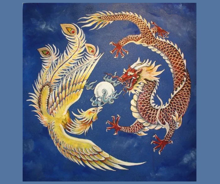 Картина по фен-шуй с изображением феникса и дракона
