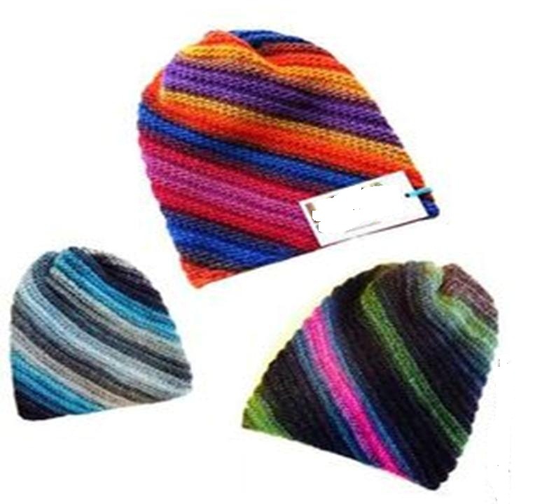 Three bright hats connected by the knitting needles of the gallop to diagonally