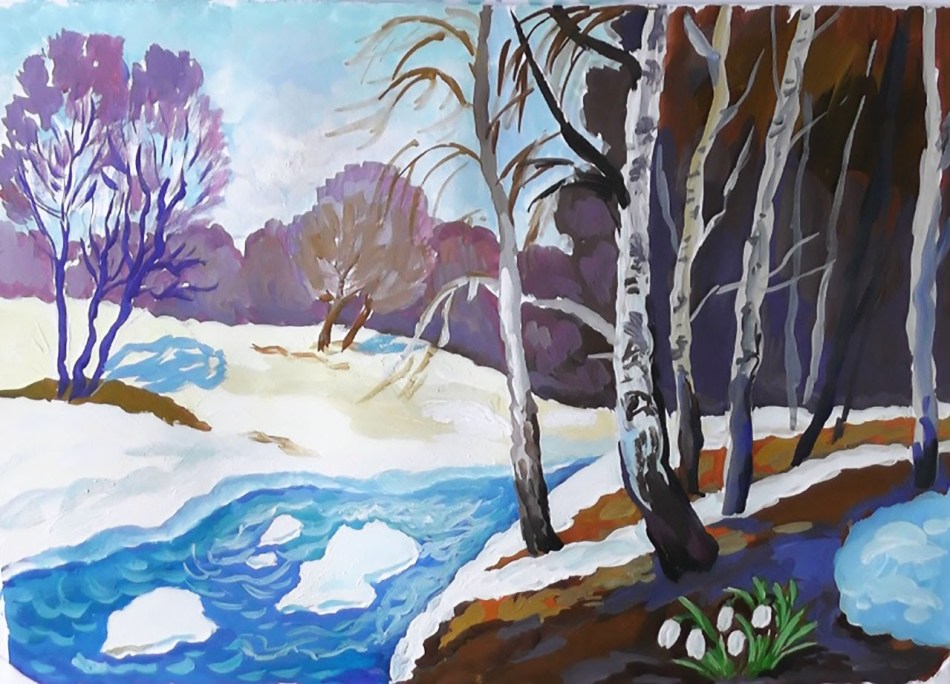 Spring landscape. The forest is painted with purple paints