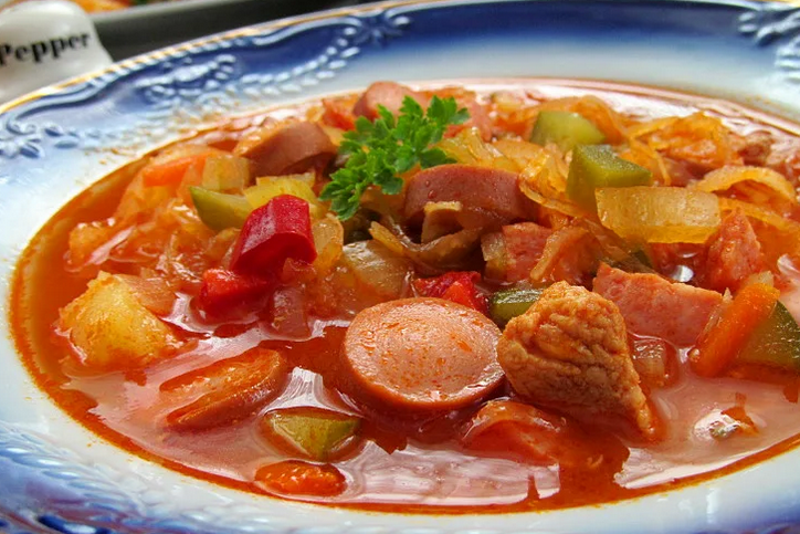 Tasty soup made of smoked sausage and sauerkraut