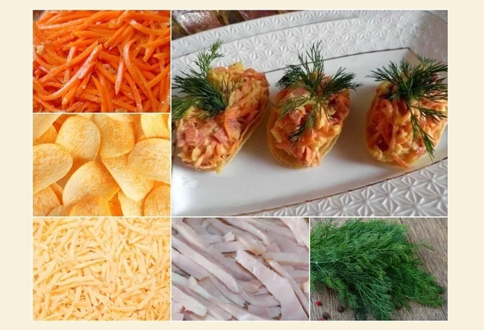 Tasty and original snack on chips with sausage and carrot in Korean for a buffet