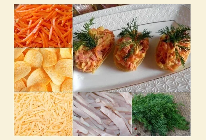 Snack gustoso e originale su patatine con salsiccia e carota in coreano per un buffet