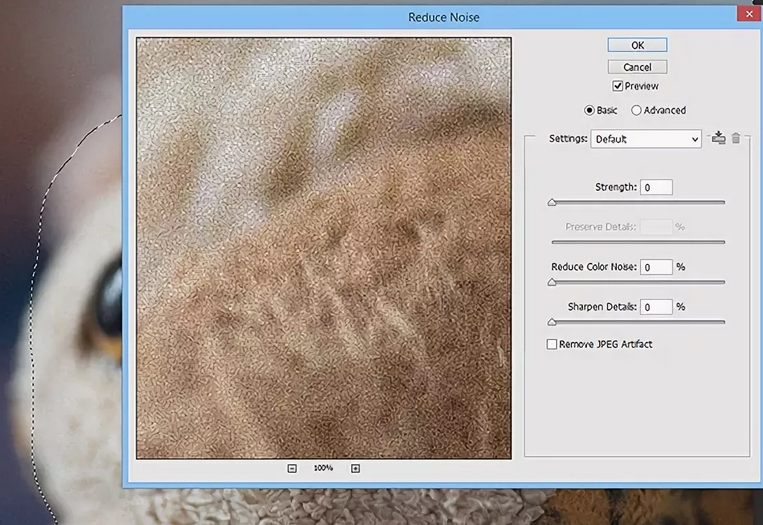 Use the Effects filter - noise - Reduce Noise to retouch photos