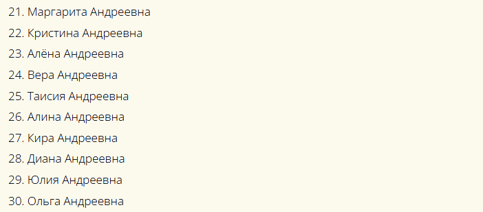 Beaux noms féminins russes consonantes au patronyme andreevna