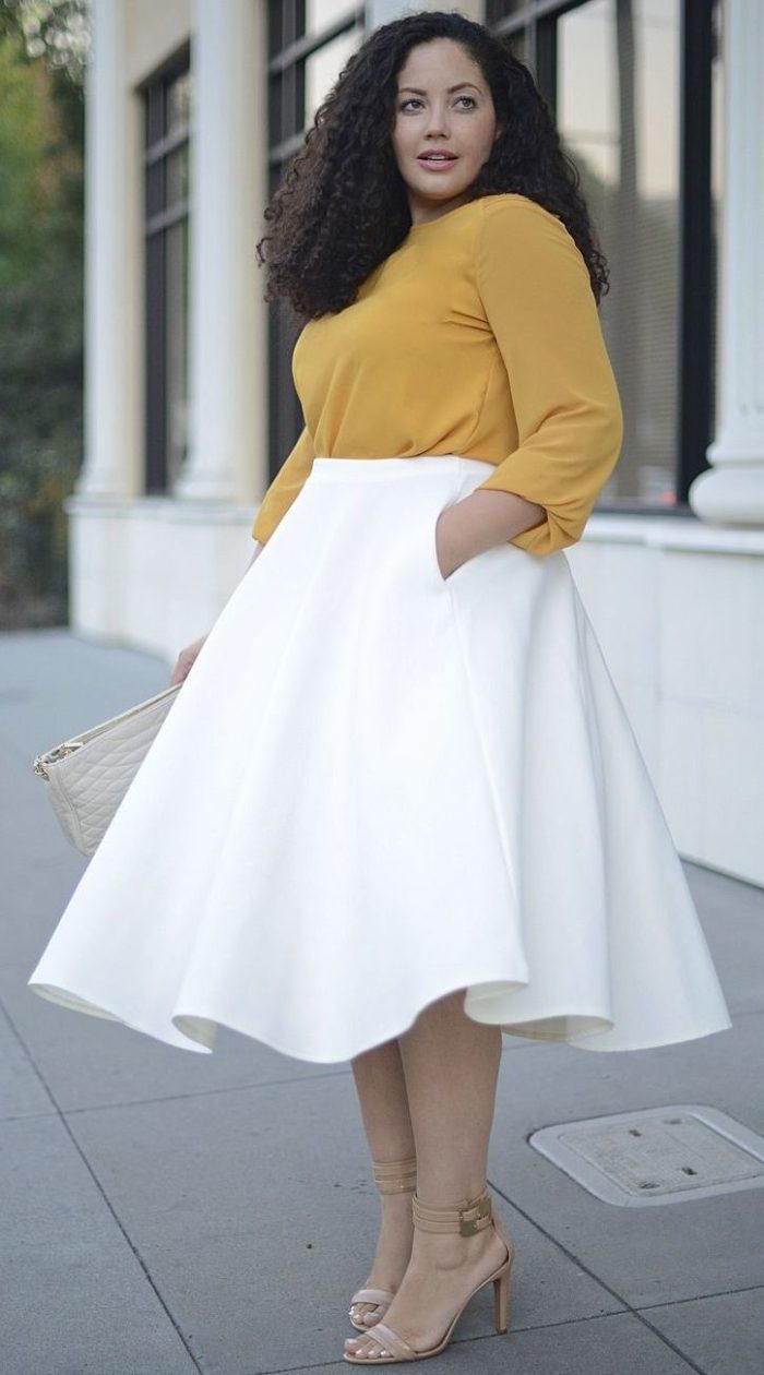 White skirt is perfect for a full lady if she has a free cut