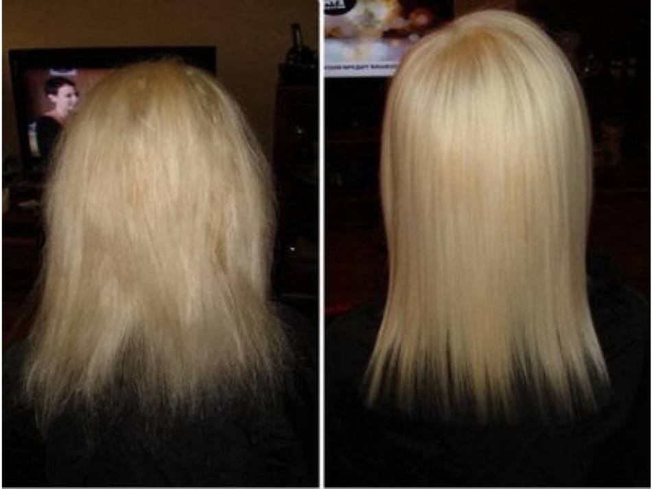 La differenza nella condizione dei capelli della bionda dopo l'olio di cocco