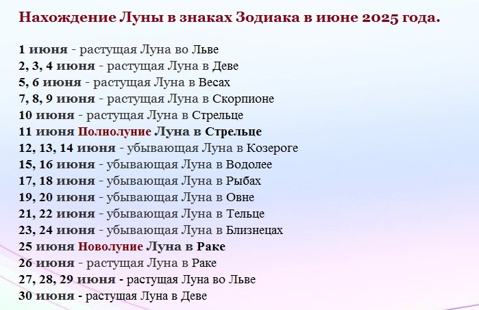 Лунный календарь на июнь 2025