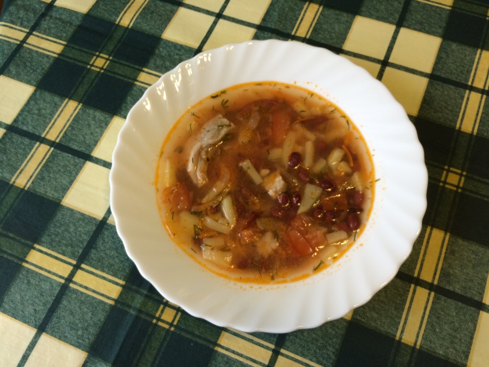 Chicken soup with canned beans.