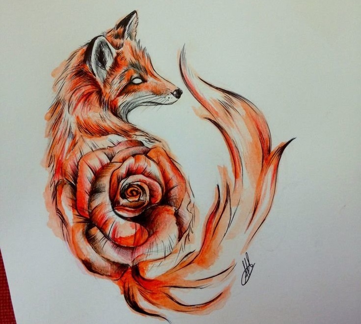 Интересный рисунок-эскиз для тату - сочетание лисы и розы