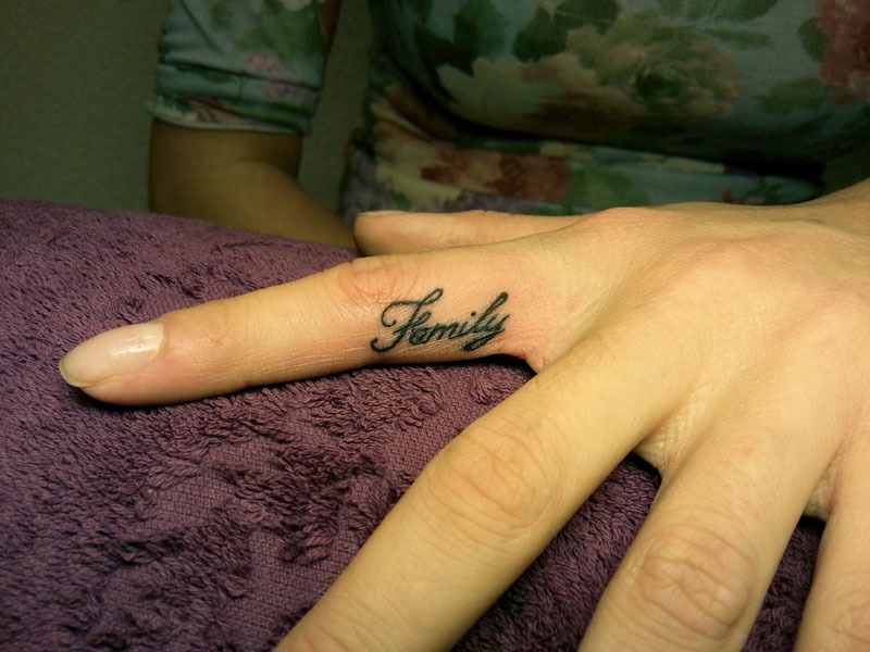 A short tattoo word between on the side of the finger
