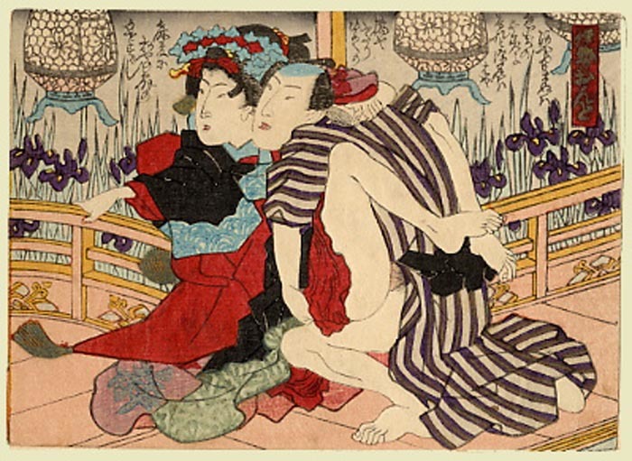 Гейша на японской гравюре по дереву (эротическое содержание).