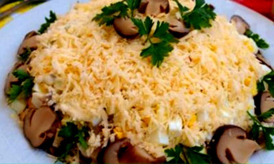 Salad tenderness with mushrooms and chicken