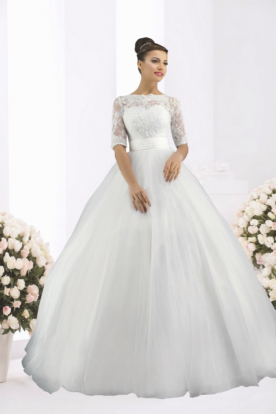 Lush, white, closed wedding dress