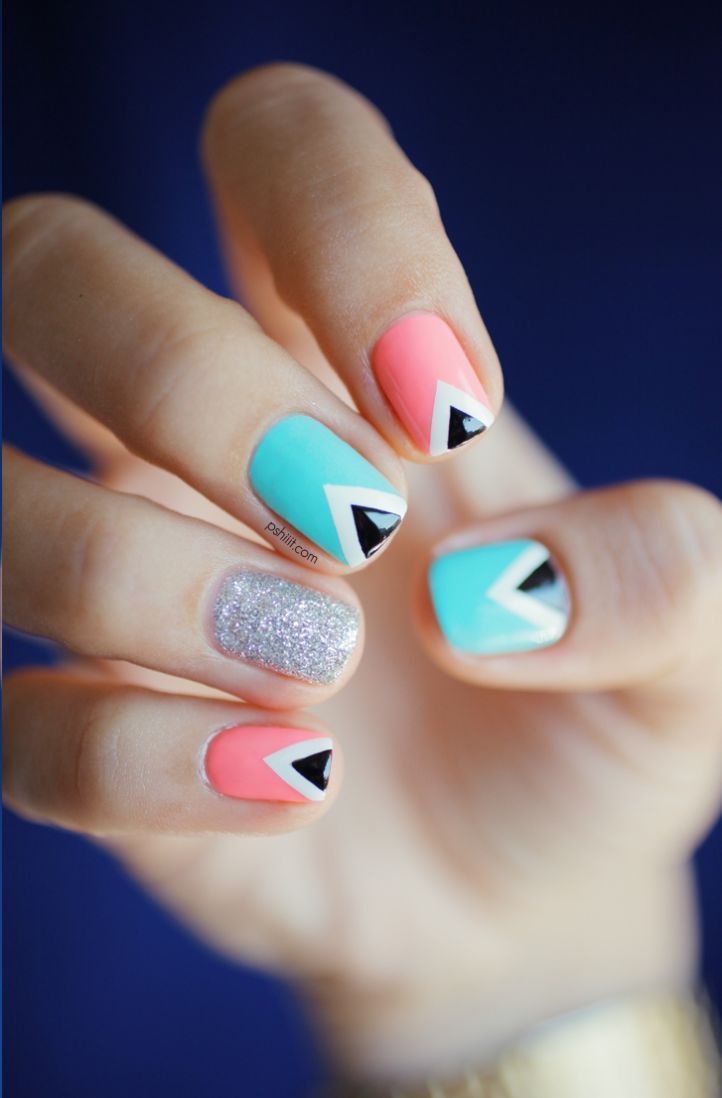 Geometric manicure with pink and turquoise