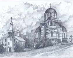How to draw an old church, a temple, a Cathedral in a pencil in stages?