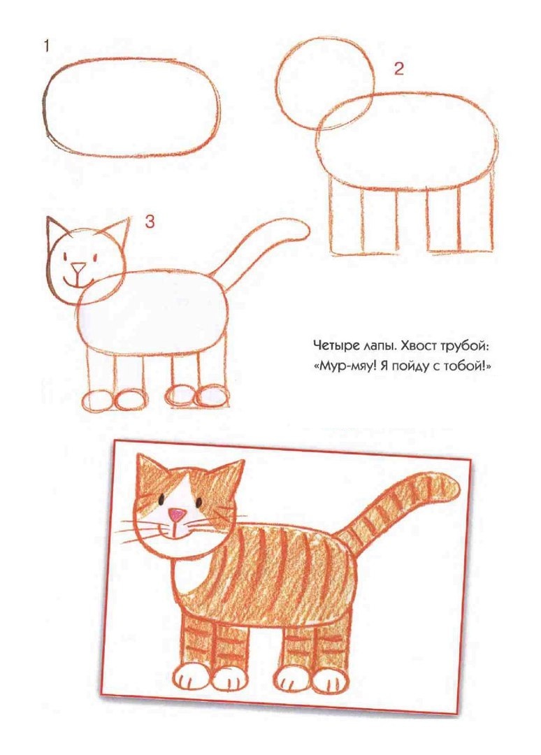 Поэтапное рисование стоящего котенка