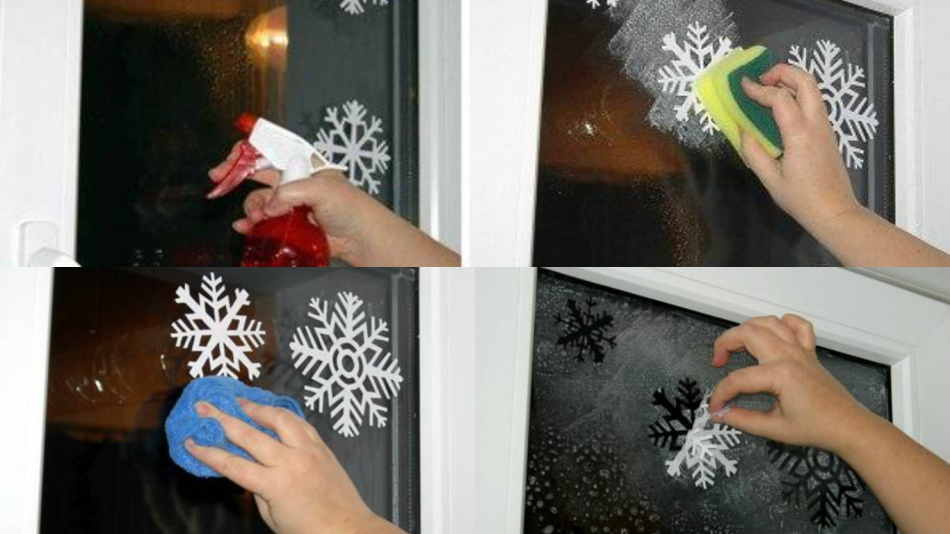 Pola beku musim dingin di jendela dengan pasta gigi dan spons