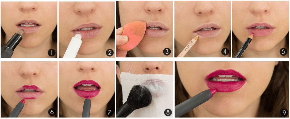 Один из вариантов последовательности нанесения макияжа на губы