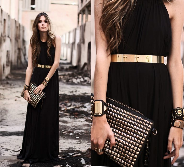 Если подобрать к черному платью в греческом стиле такие пояс, браслеты и сумочку, получится незабываемый вечерний образ