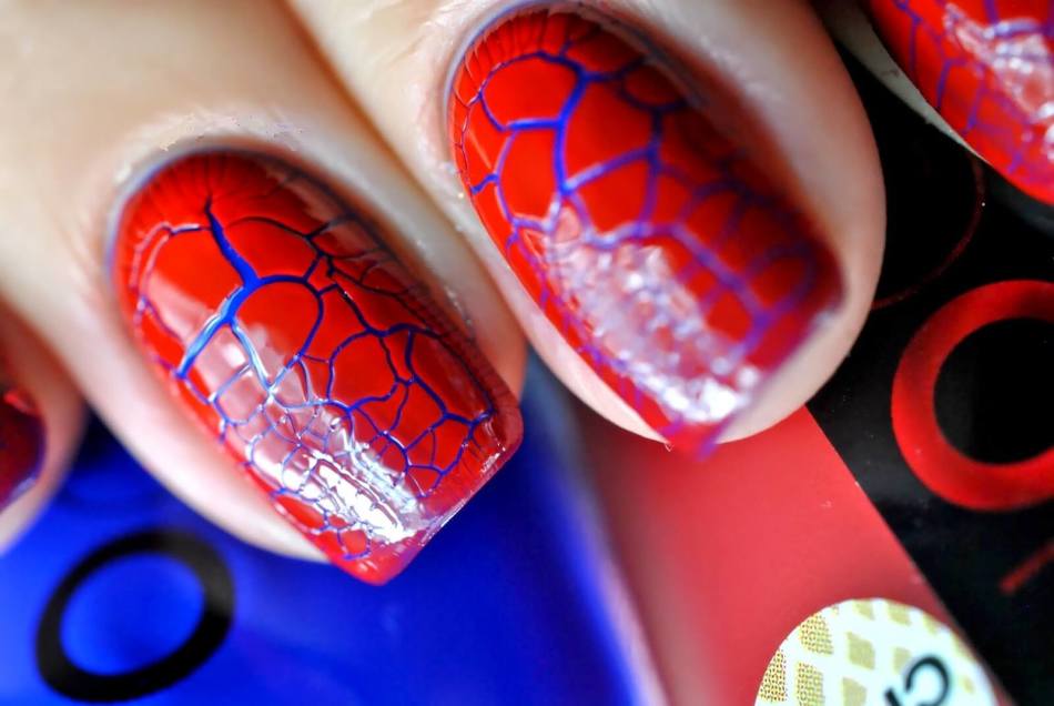 Red manicure with blue