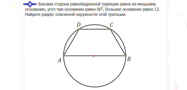 Area lingkaran yang dijelaskan di dekat trapesium persegi panjang dan isosceles: contoh pemecahan masalah