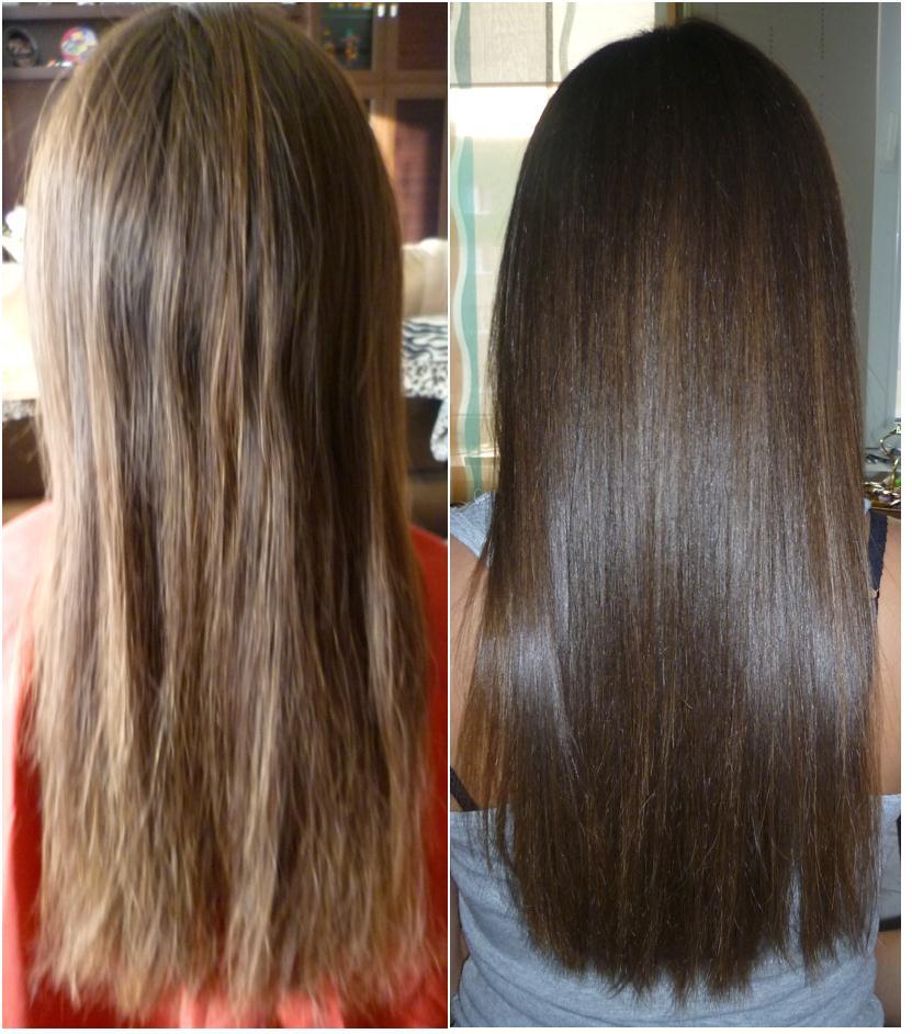 Кератиновое выпрямление волос. на фото волосы "до" и "после" процедуры.