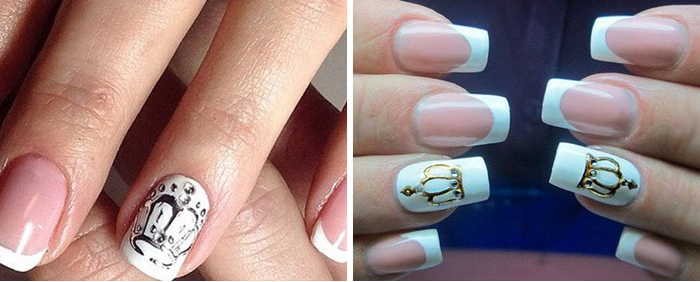 One white nail looks more advantageous with decor in the form of a crown