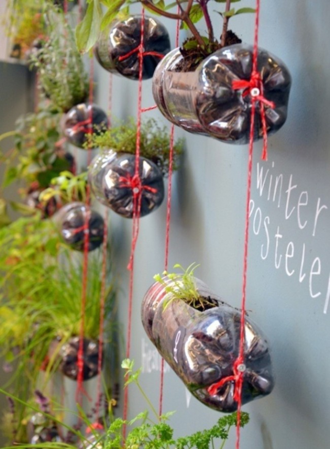 Vous pouvez construire une telle série de pots en suspension sur des cordes rouges dans le jardin