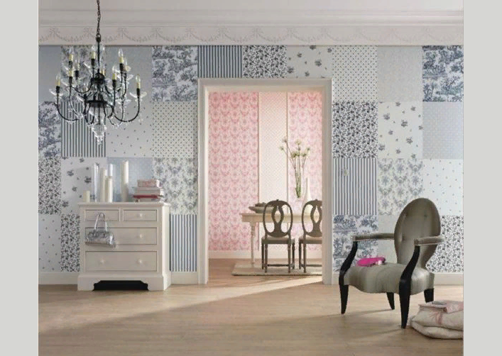 Patchwork adalah ide asli mendekorasi interior dengan sisa -sisa wallpaper