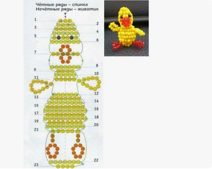 Figure of duckling from beads onto the Christmas tree