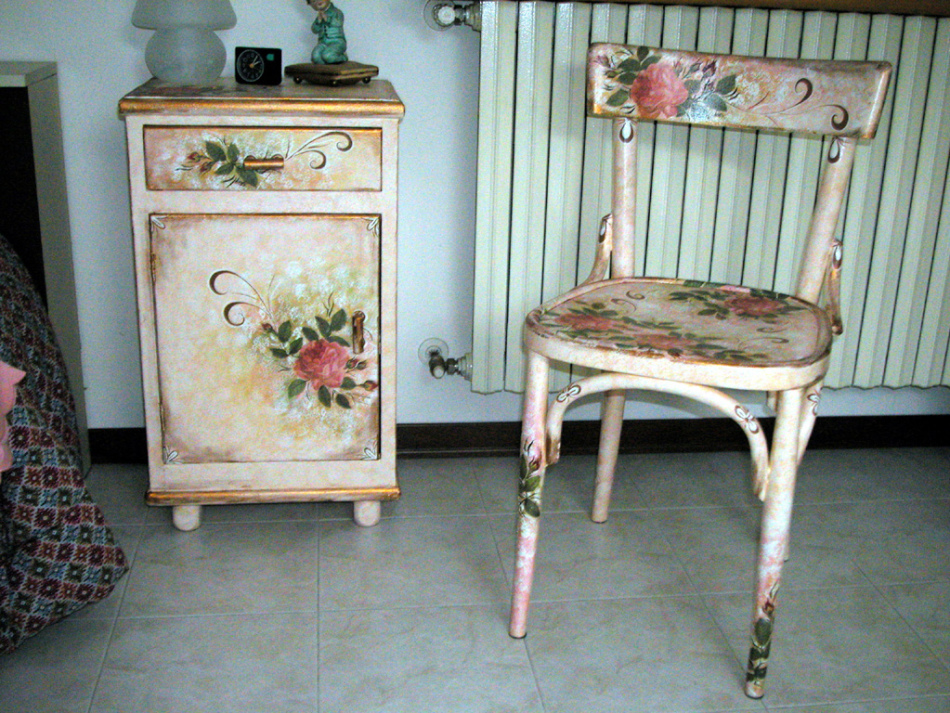 Decoupage of the chair and nightstands in the same style