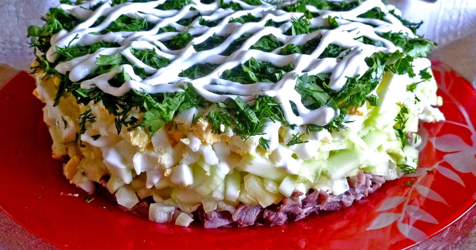 Salad tenderness with ham, cucumbers, Beijing cabbage