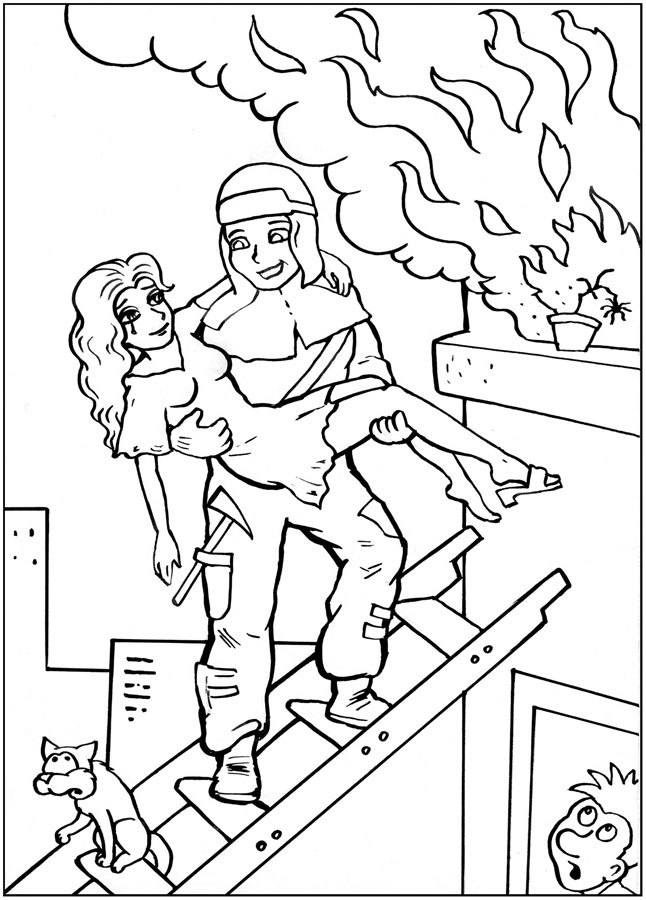 Рисунок для срисовывания: пожарный в работе.