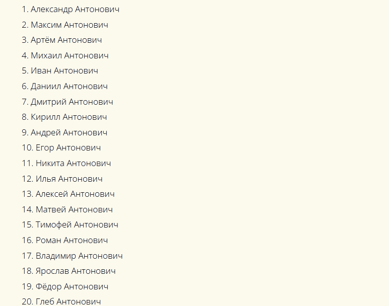 Daftar nama yang cocok untuk patronimik Antonovich, yang jelas mempengaruhi nasib anak laki -laki itu