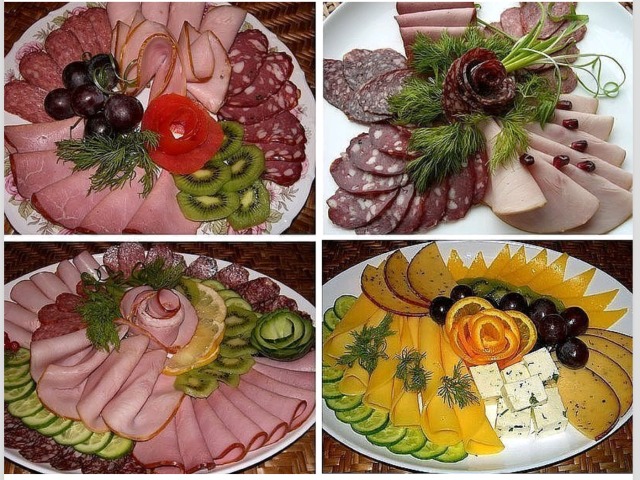 Potongan indah di atas meja yang meriah: buah, sayuran, keju, daging, ikan, sosis. Bagaimana cara berbaring dengan indah, mengatur dan menghias potongan?