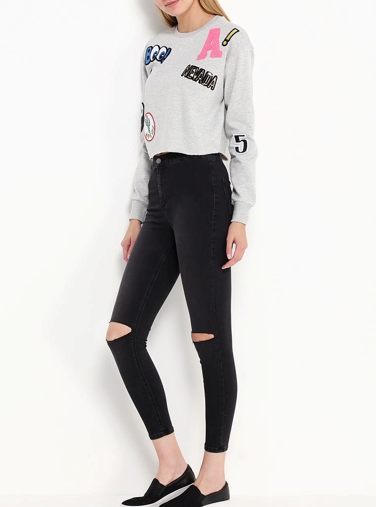 Black jeans with torn knees Women's with a top in Lamoda