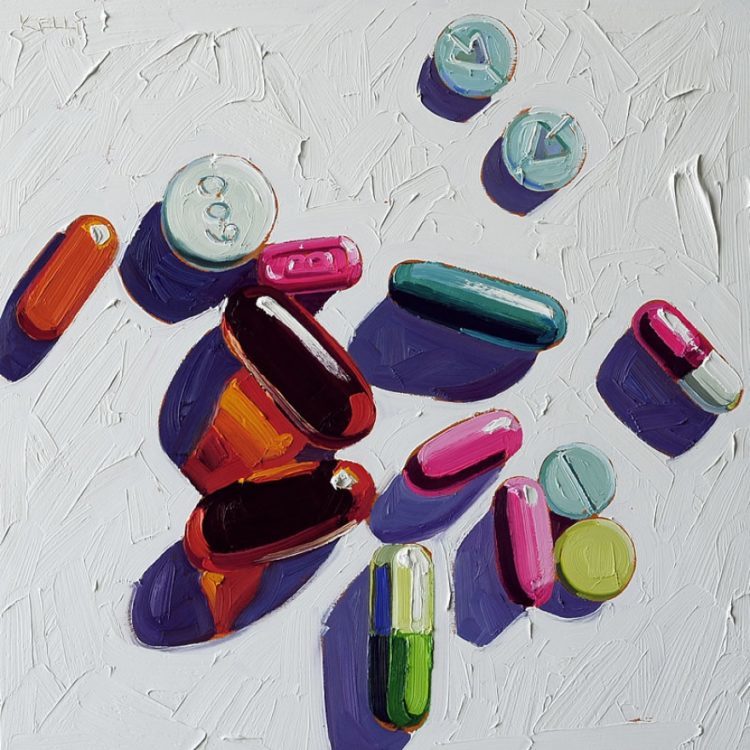 Számos antidepresszáns a tablettákban és a kapszulákban szétszórva van az asztalon